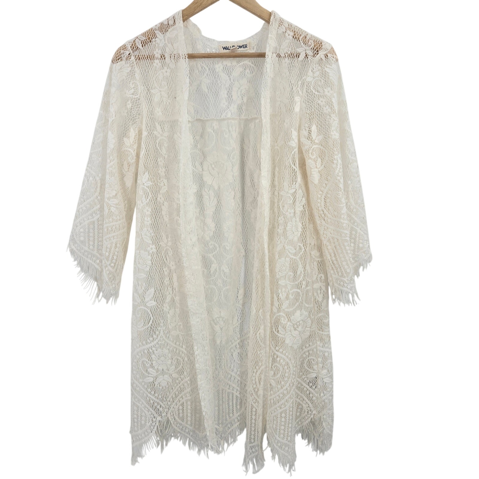 Wallflower Women Boho Coastal Cowgirl Festival Sheer Lace Fringe Kimono Duster S